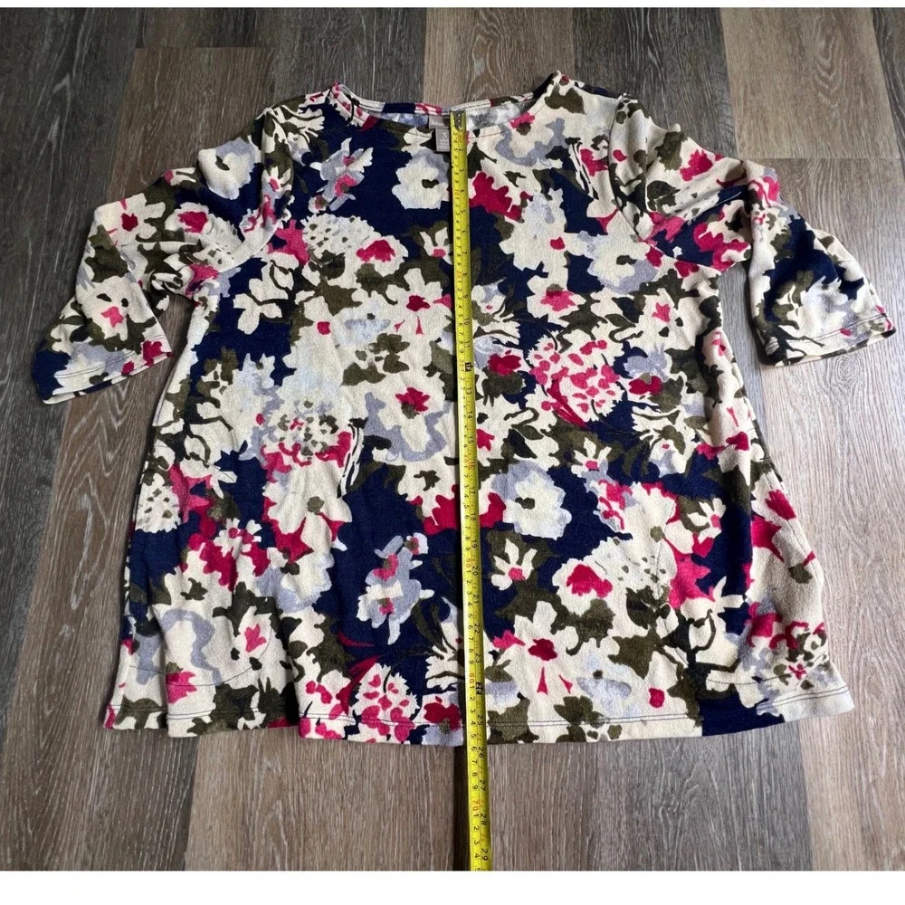 Chico's Floral Knit Top Women‎ 3 XL Multi-Color 3/4 Sleeve Boat Neck Botanical